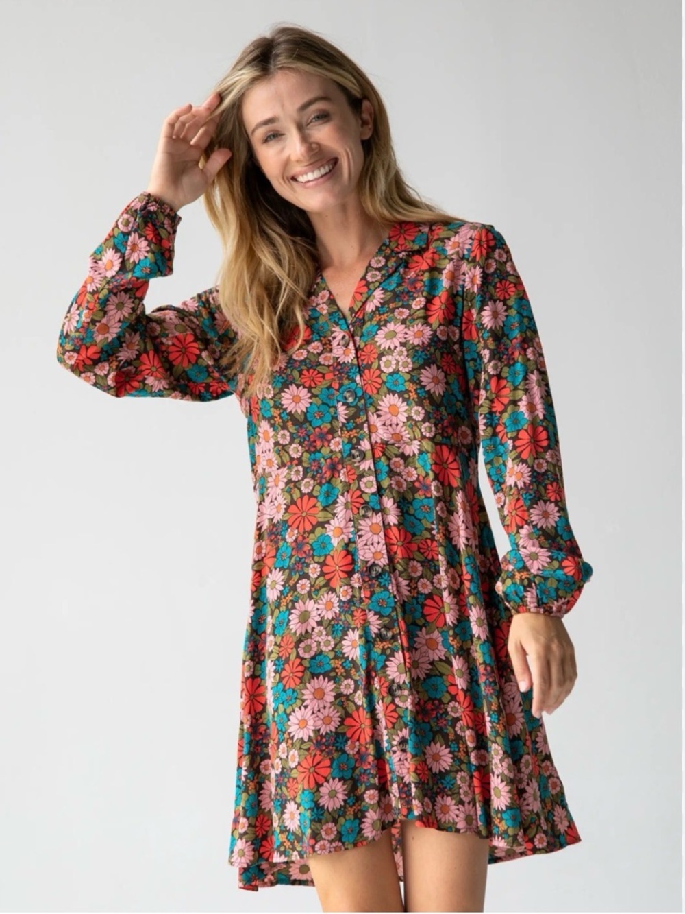 NATURAL LIFE Ansley Tunic Floral Button-Front Dress in Pink, Green & Red - Picture 5 of 15